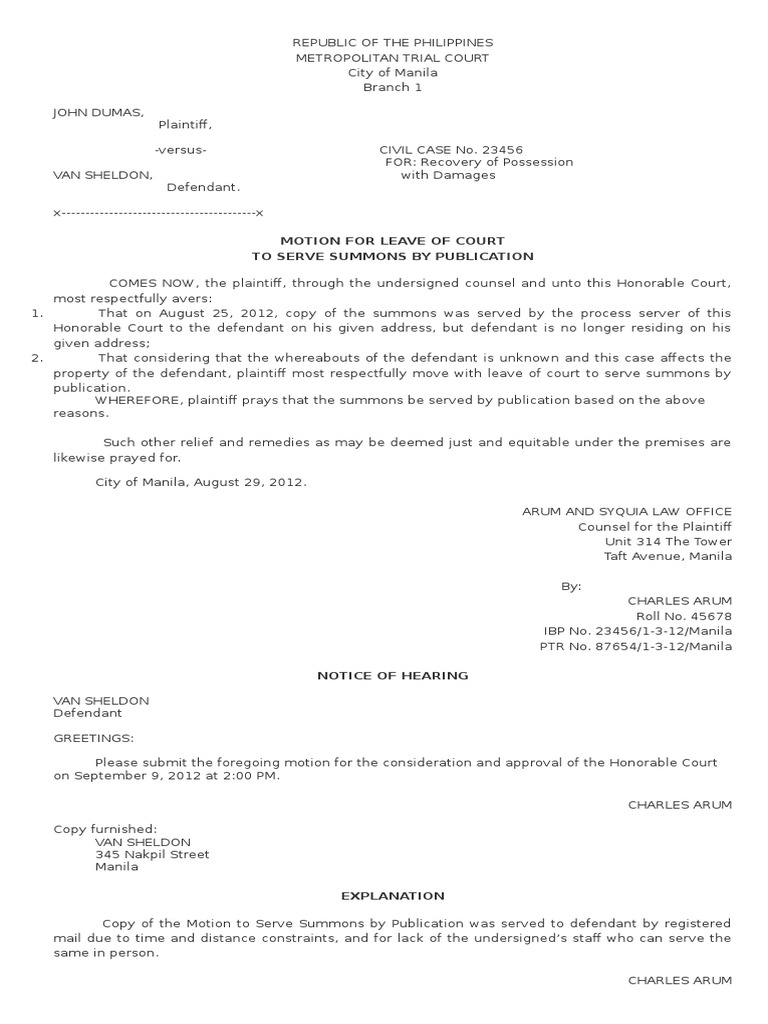 Motion To Serve Summons For Publication