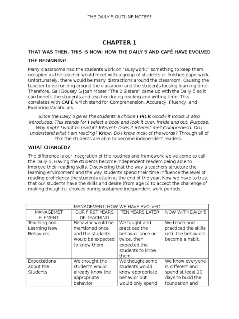 The Daily 5 Outline Notes | PDF | Reading Comprehension | Classroom