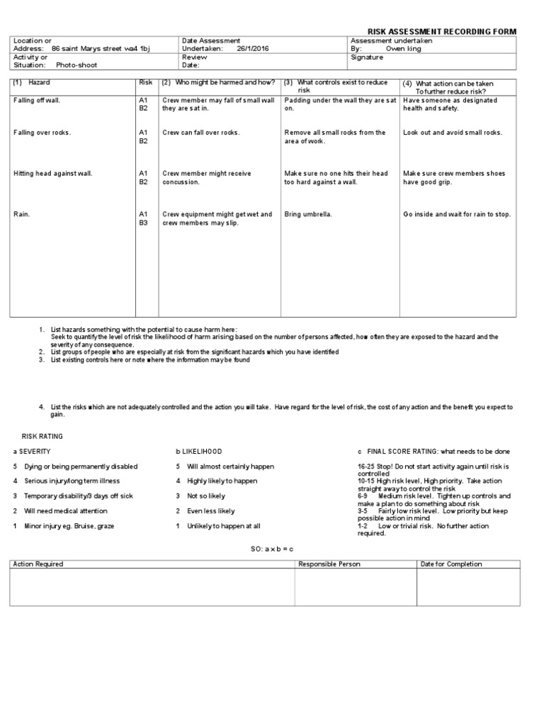 Risk Assessment Recording Form | PDF