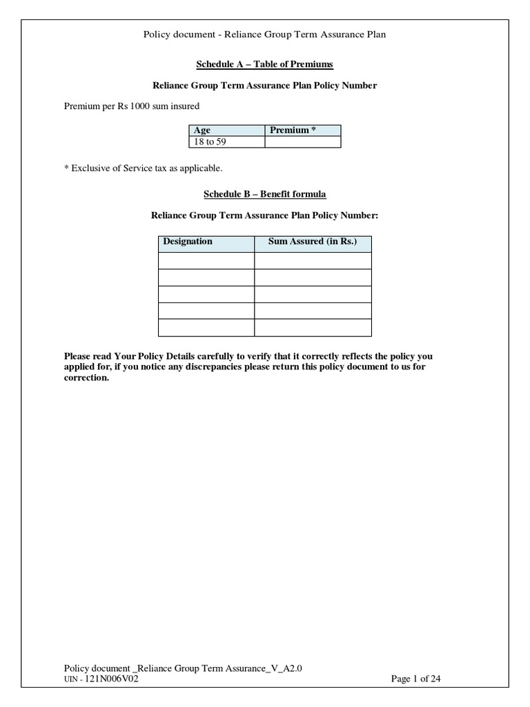 Sample Policy dsdDocument_Group Term Assurance Insurance Life Insurance