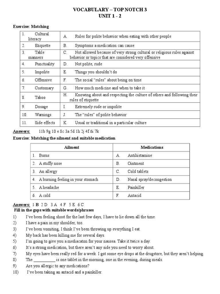 VOCABULARY TOP NOTCH 3 UNIT 1 2