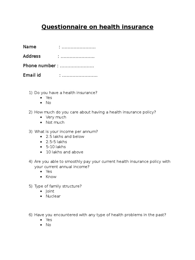 Health Insurance Questionnaire Template | PDF | Insurance | Service ...