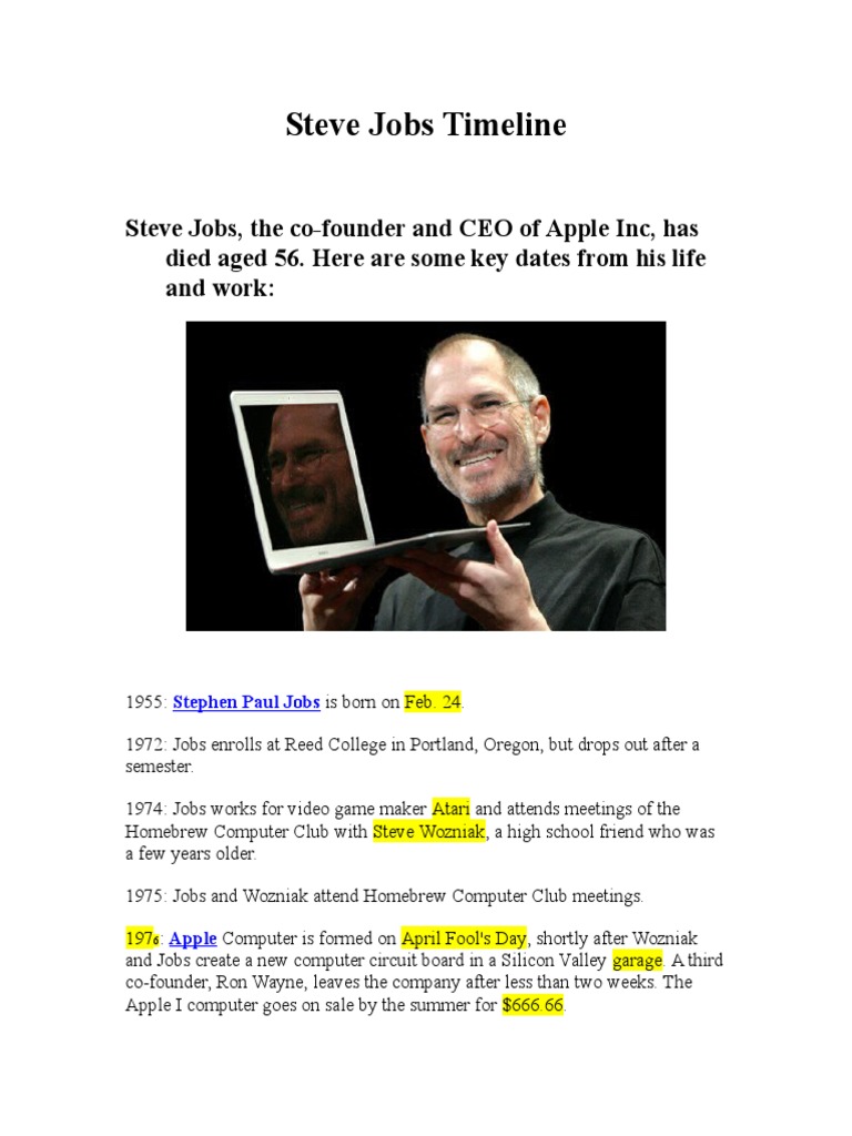 Steve Jobs Timeline PDF Macintosh Apple Inc.