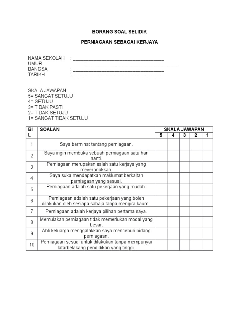 Borang Soal Selidik Perniagaan Pdf