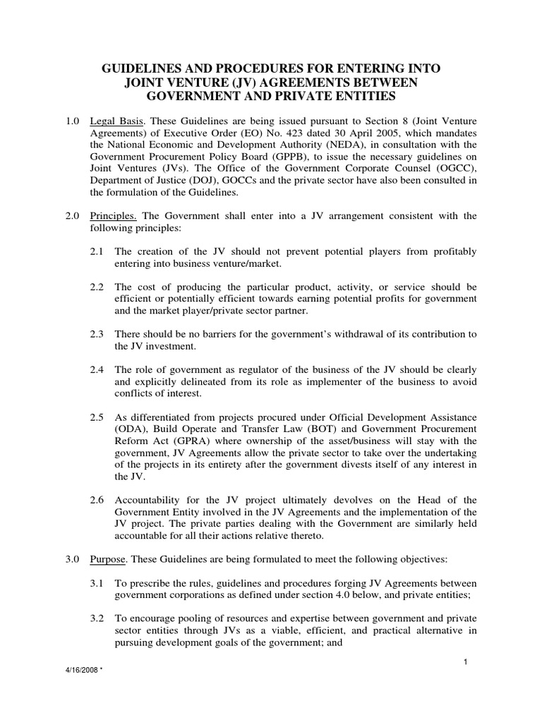 NEDA Government JV Guidelines 2008 | PDF | Joint Venture | Partnership