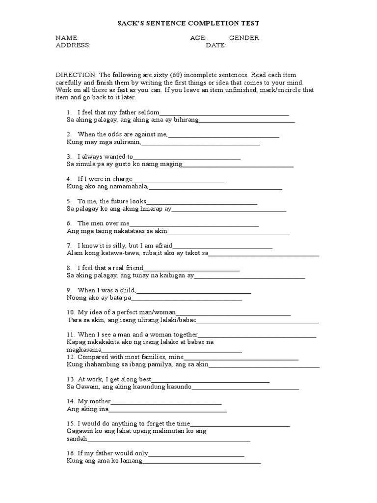 Sack's Sentence Completion Test | PDF