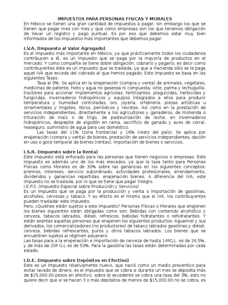 Impuestos en México: Personas Físicas y Morales | PDF | Impuesto sobre ...