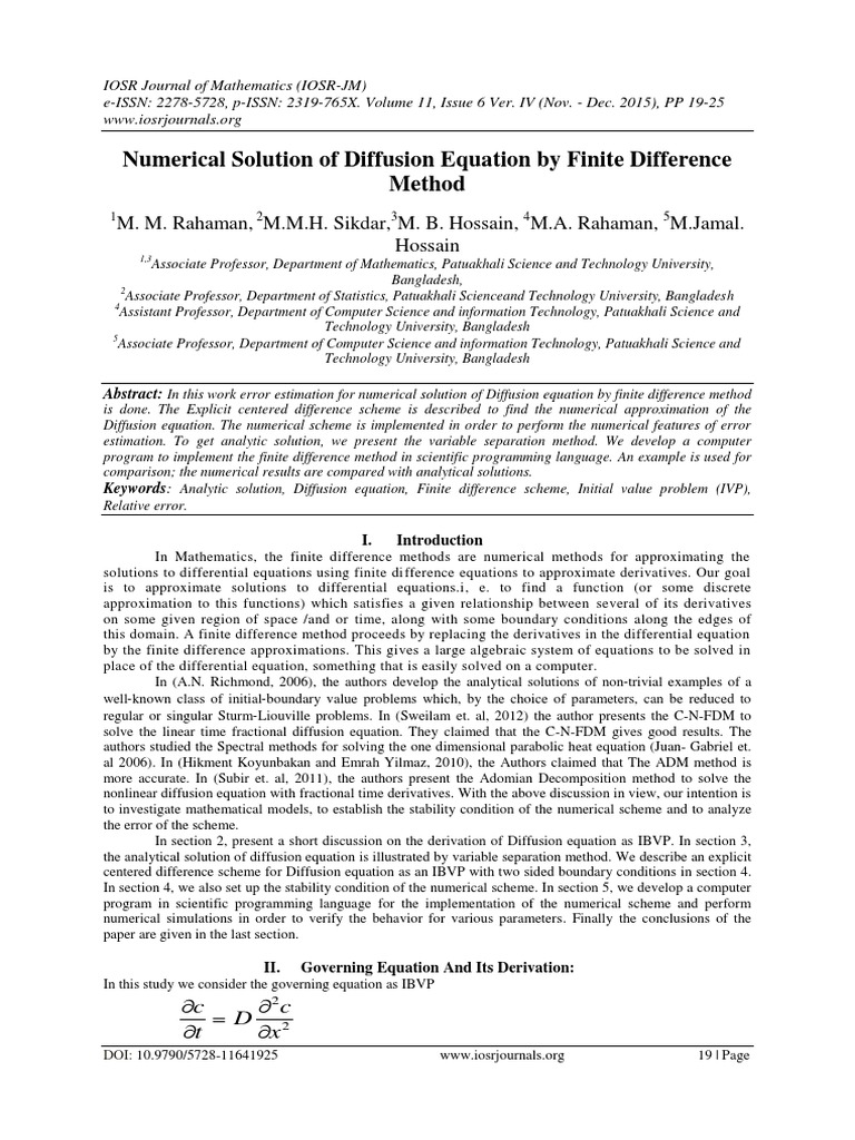 Numerical Solution of Diffusion Equation by Finite Difference Method ...