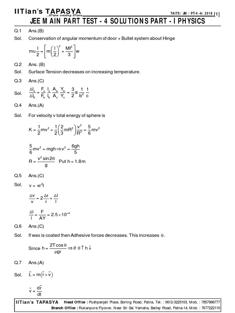 Jee Main Part Test - 4 Solutions Part - I Physics: Iitian'S Tapasya ...