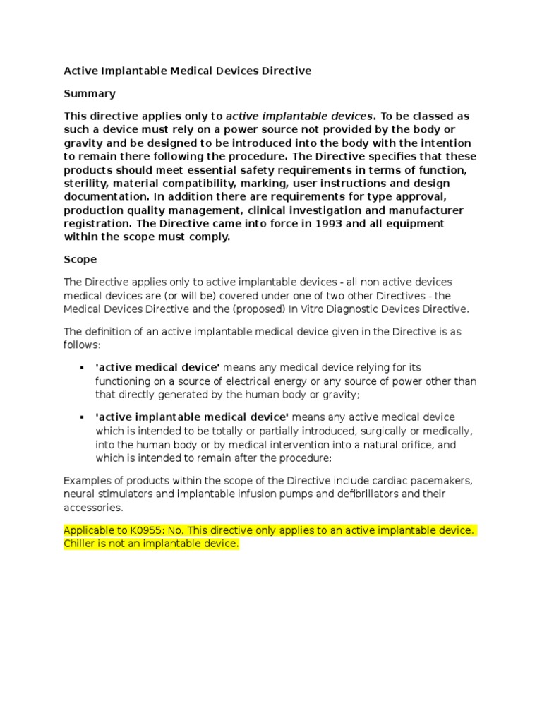 Active Implantable Medical Devices Directive Medical Device Safety
