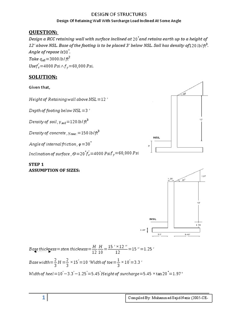 Design of retaining wall with inclined surcharge loading
