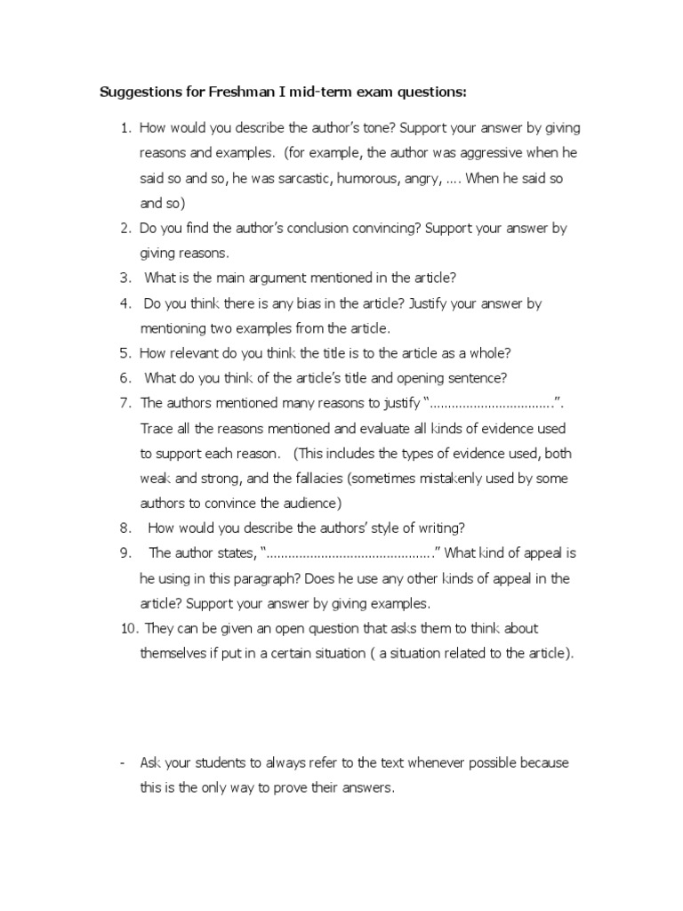 Mid-Term Exam Questions for Freshmen | PDF