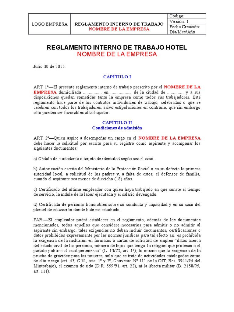 MODELO para Reglamento Interno de Trabajo Derecho