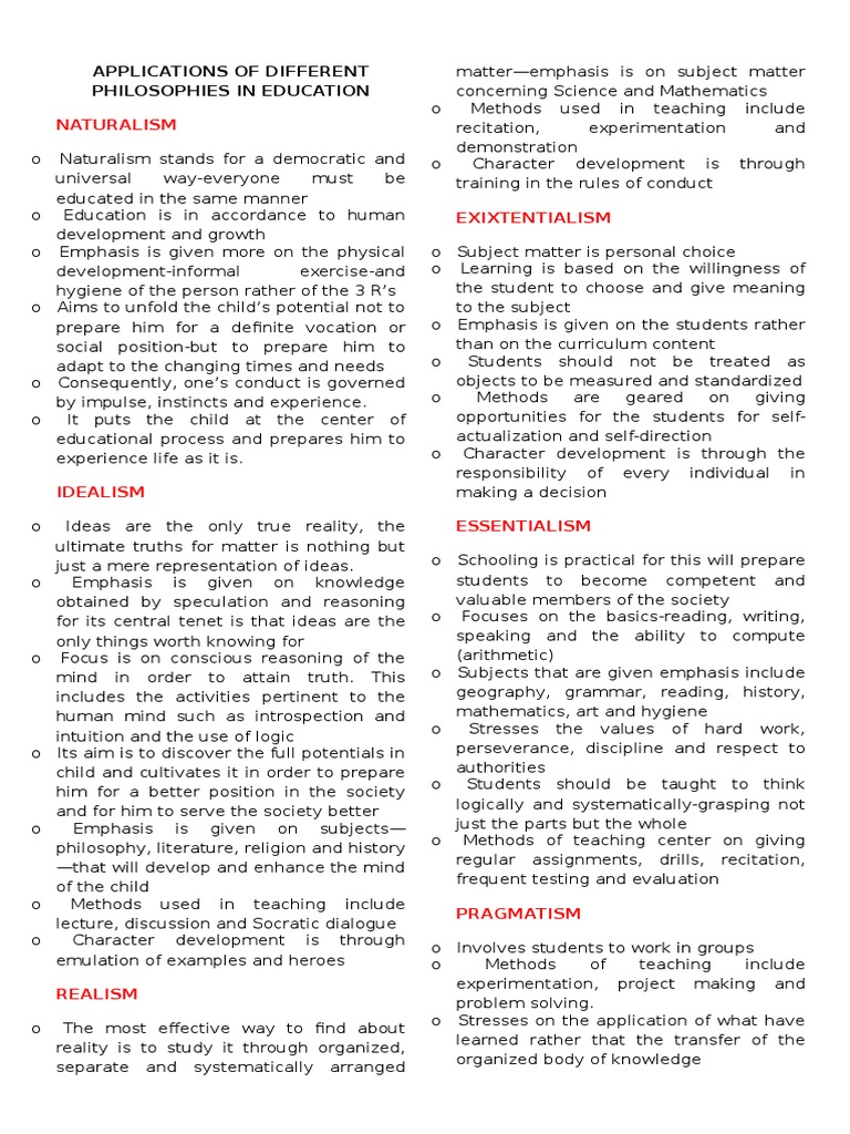 Major Educational Philosophies Explained | PDF | Curriculum | Reality