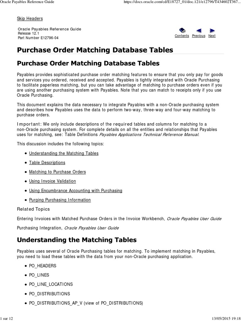 PO Oracle Payables Table Database Reference Guide | Invoice | Information  Technology Management