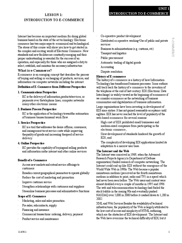 Unit I Introduction To E-Commerce | PDF