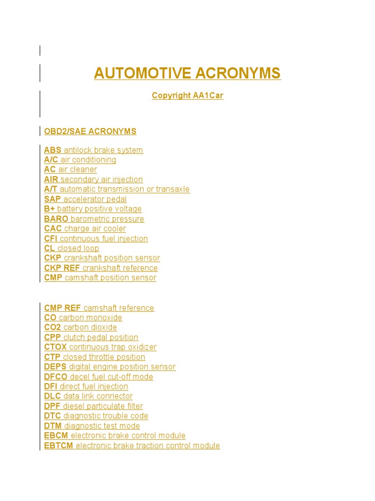 Automotive Acronyms Ignition System Fuel Injection