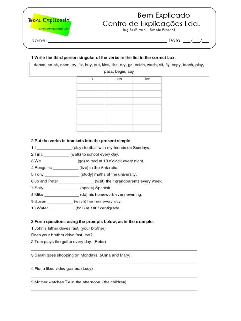 3 - Ficha de Trabalho - Simple Present | PDF