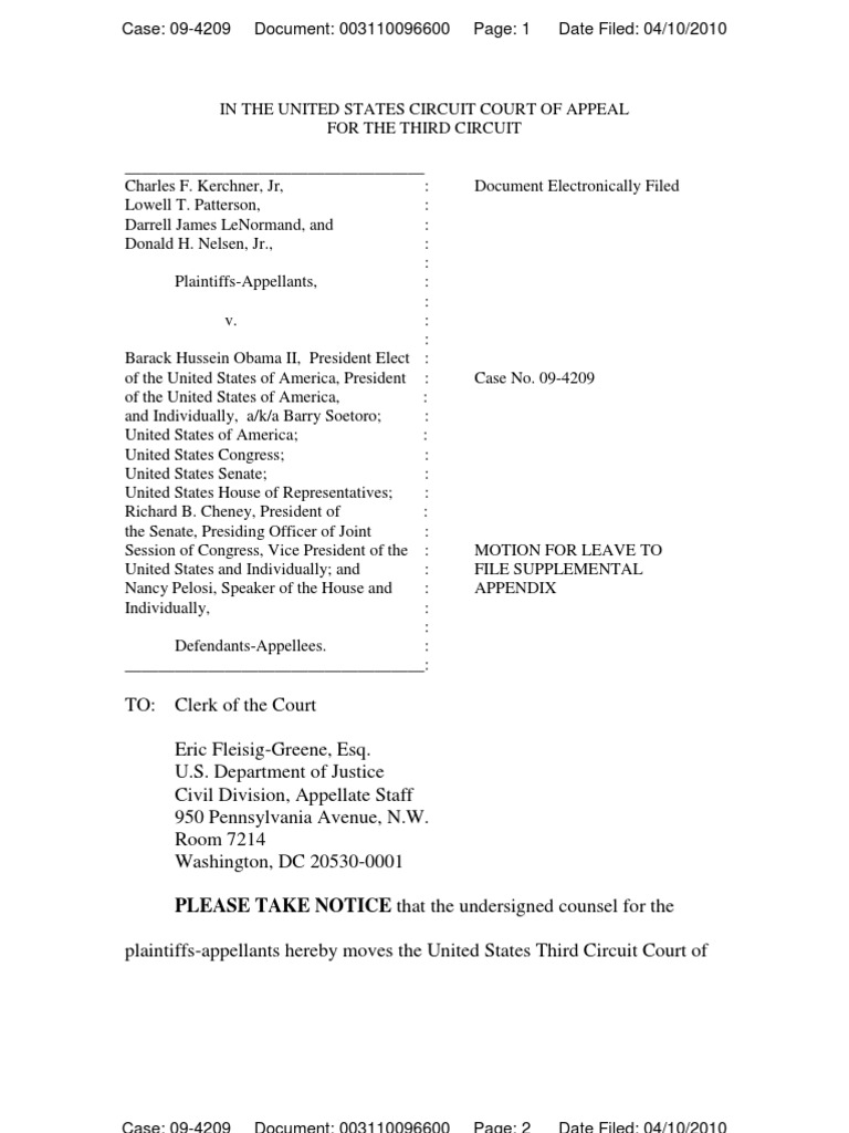 Kerchner V Obama Appeal - Motion For Leave To File Supplemental ...