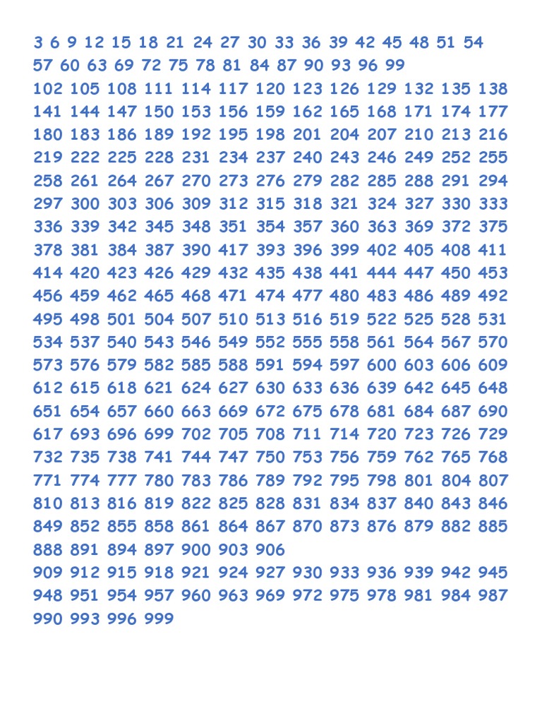 Numeros De 3 En 3 Hasta 1000