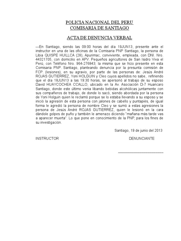 Acta de Denuncia Verbal  Santiago  Perú