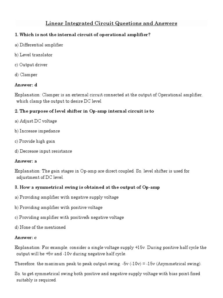 Linear Integrated Circuit Questions and Answers PDF Operational