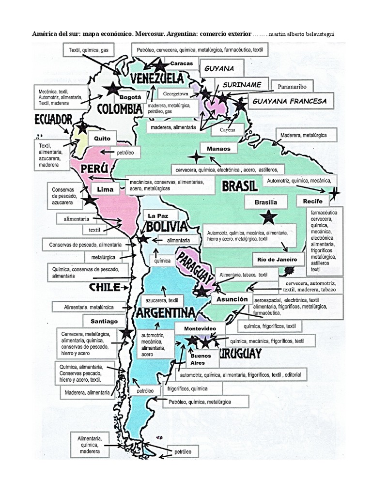 América del sur mapa económico. Mercosur. Argentina comercio exterior