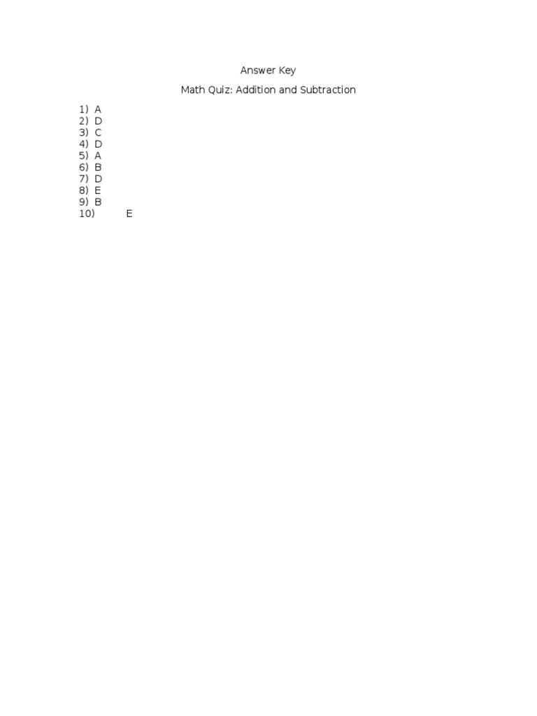 Math Quiz Answer Key: Add/Subtract | PDF