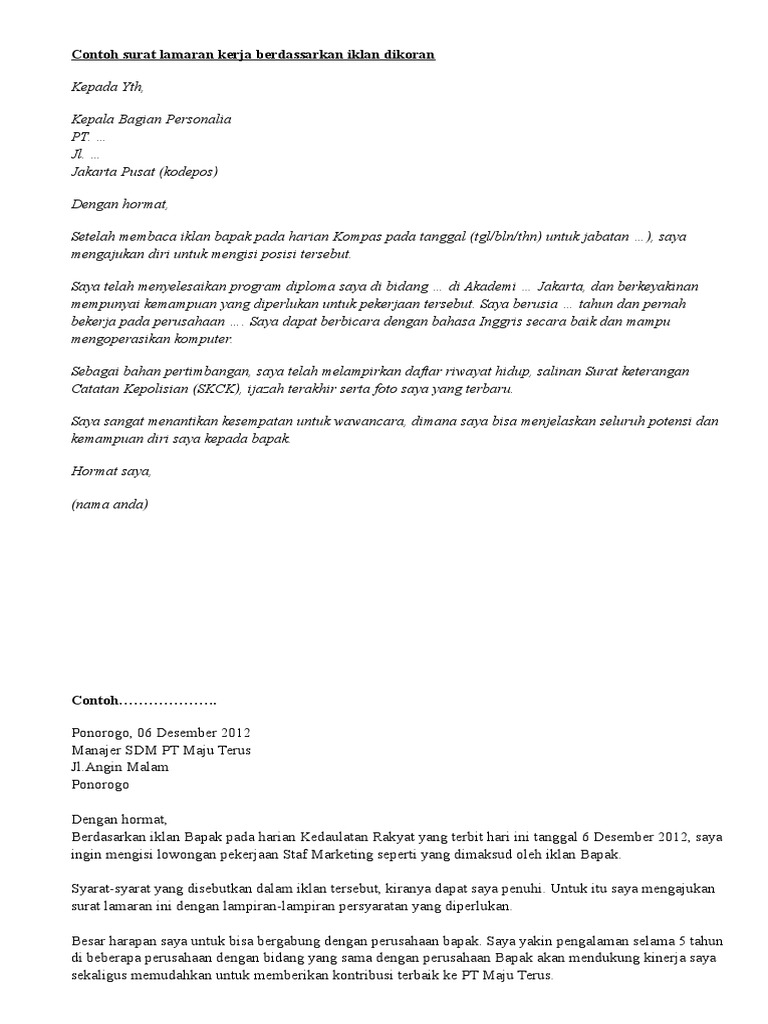 Contoh Surat Lamaran Kerja