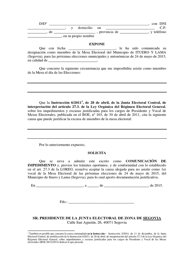 Modelo Carta De Excusa Para No Ser Vocal De Mesa - Modelo de Informe