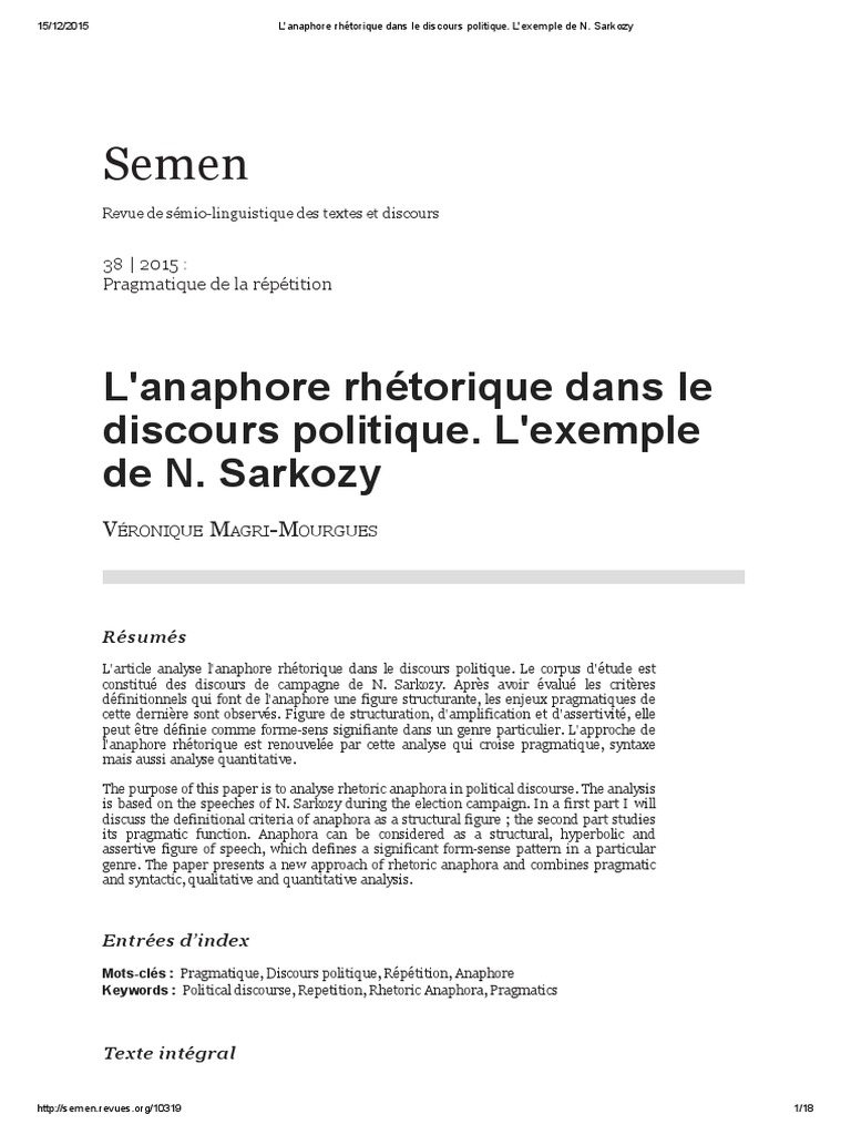 Lanaphore Rhetorique Dans Le Discours Politique Lexemple De N Pdf Pdf Rhetorique Phrase