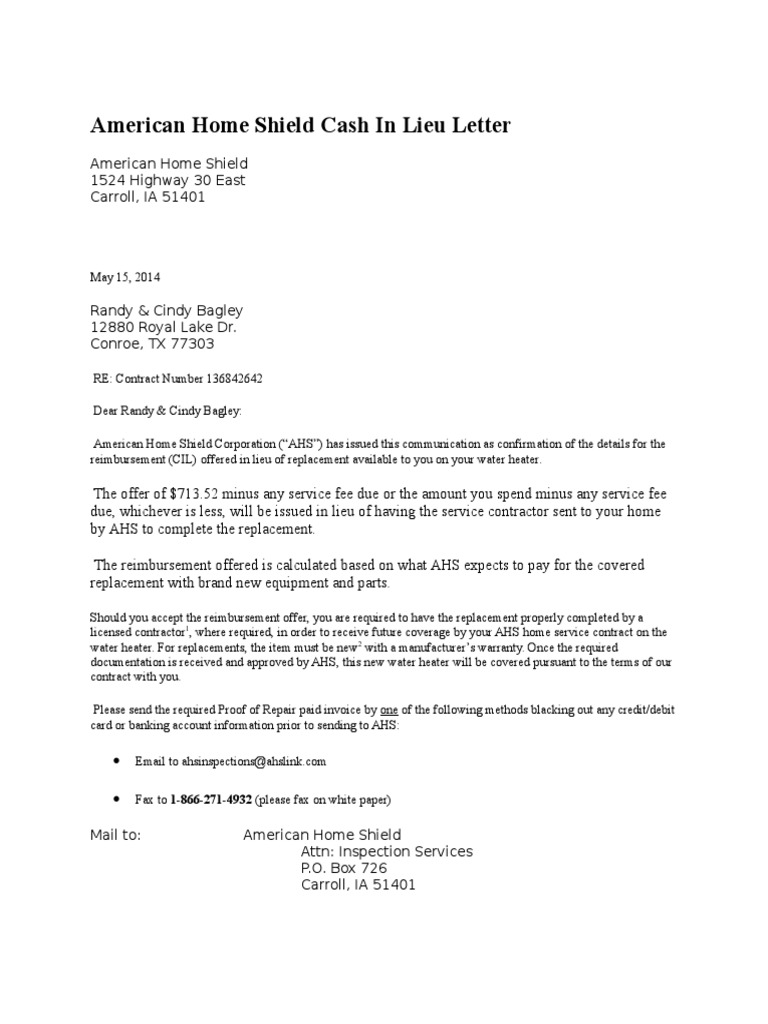 American Home Shield Cash in Lieu Letter PDF Invoice Business