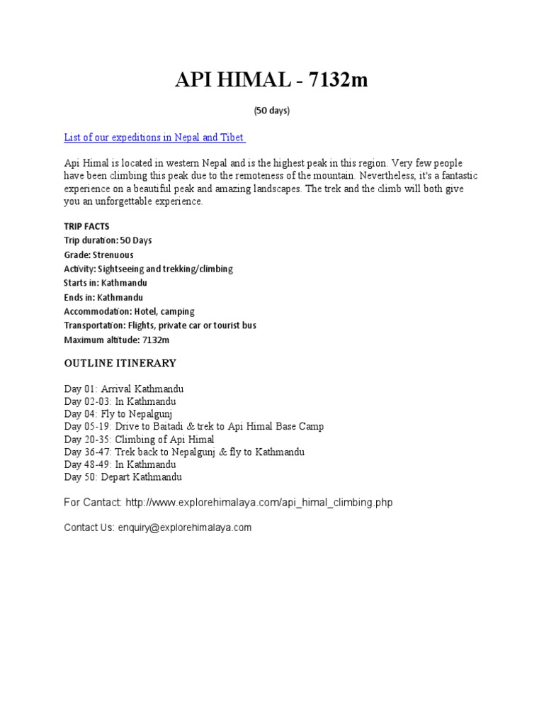Api Himal Trekking Itinerary Guide | PDF | Business | Travel