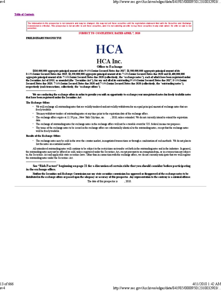 HCA Prospectus PDF Hospital Private Equity