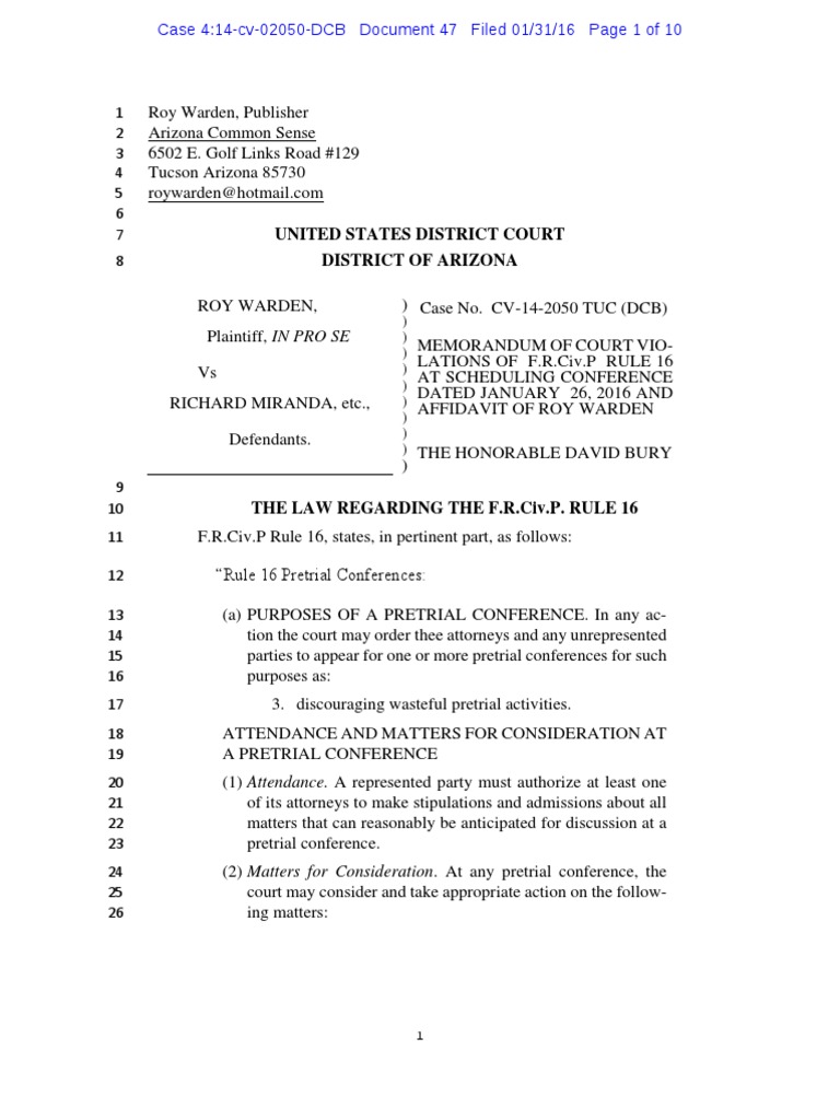 Memorandum of Court Violations of F.R.Civ.P. Rule 16 and Affidavit of