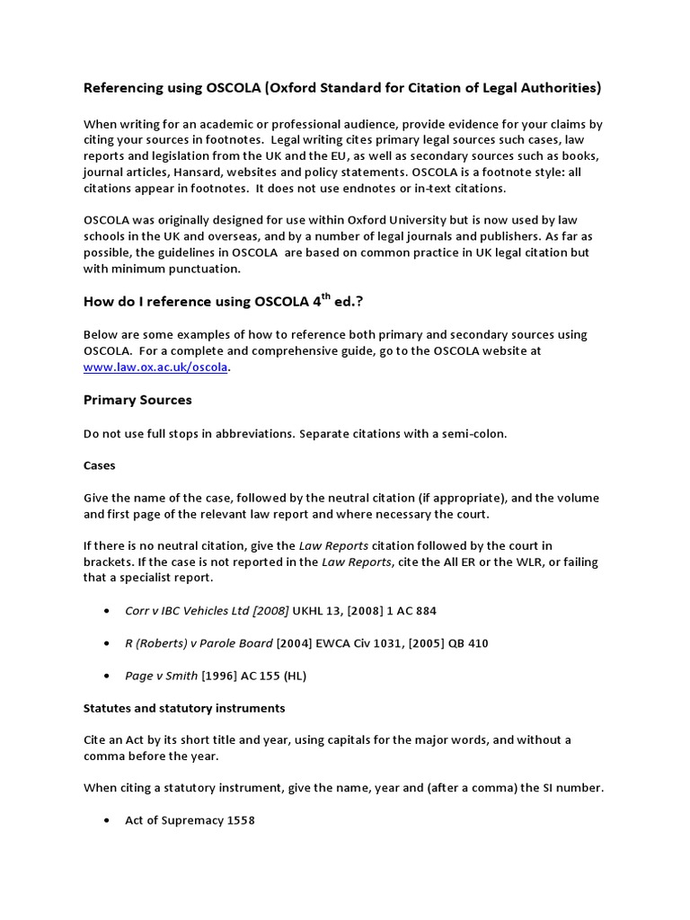 Referencing Using OSCOLA Case Citation Citation