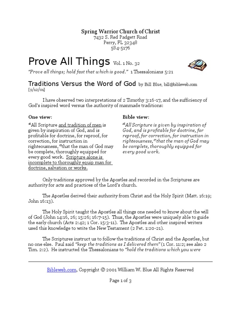 Prove All Things Traditions Versus the Word of God Christian Church Sola Scriptura