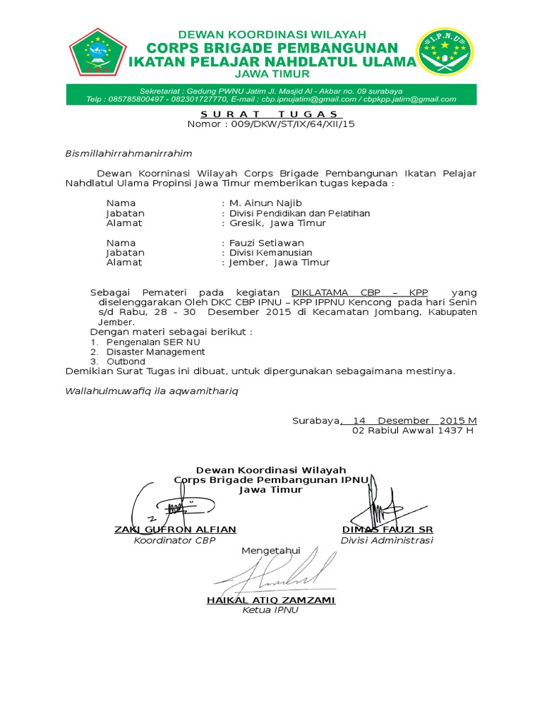 Surat Tugas Ipnu / Contoh Surat Tugas Ipnu Ippnu Contoh Surat