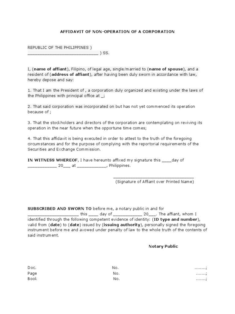 Affidavit of Non-Operation of A Corporation | PDF
