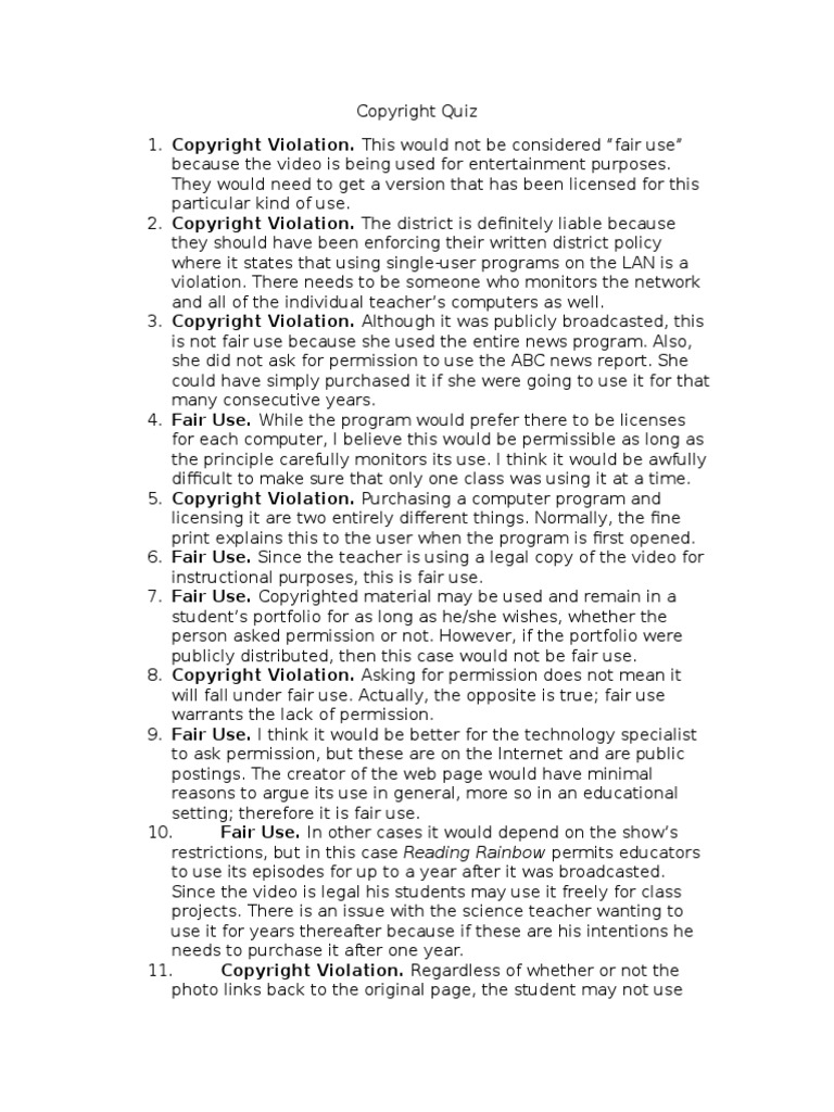 Copyright Quiz Answers | PDF | Fair Use | Copyright Infringement
