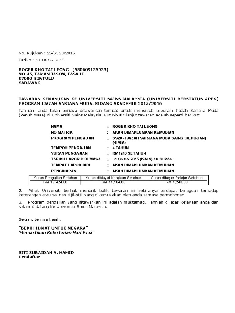 Surat Tawaran Universiti Sains Malaysia Pdf