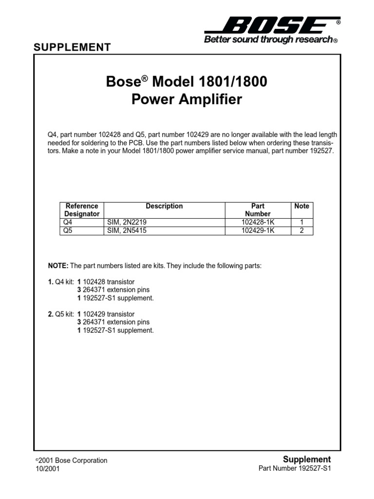 Bose 1800 - 1801 Power Amp Service Manual | PDF | Electrostatic