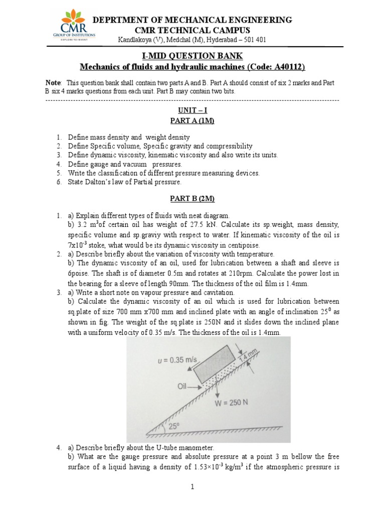 Fluid Mechanics Question Bank | PDF | Pressure Measurement | Fluid Dynamics