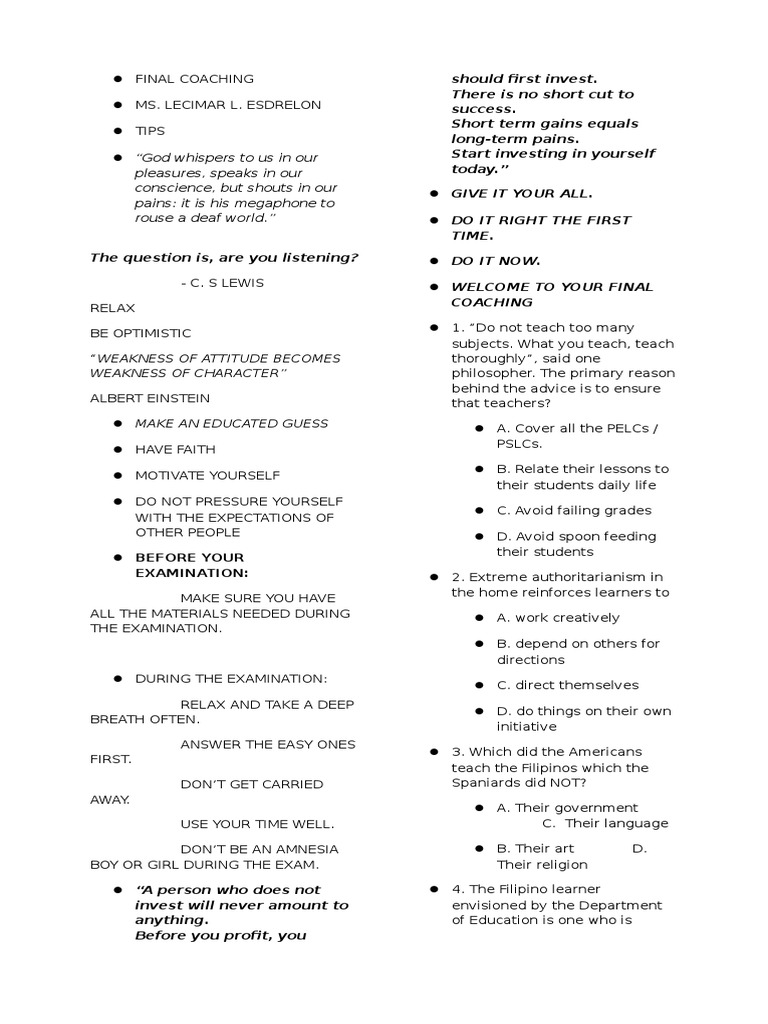 Final Coaching Exam Preparation Tips | PDF | Teachers | Learning