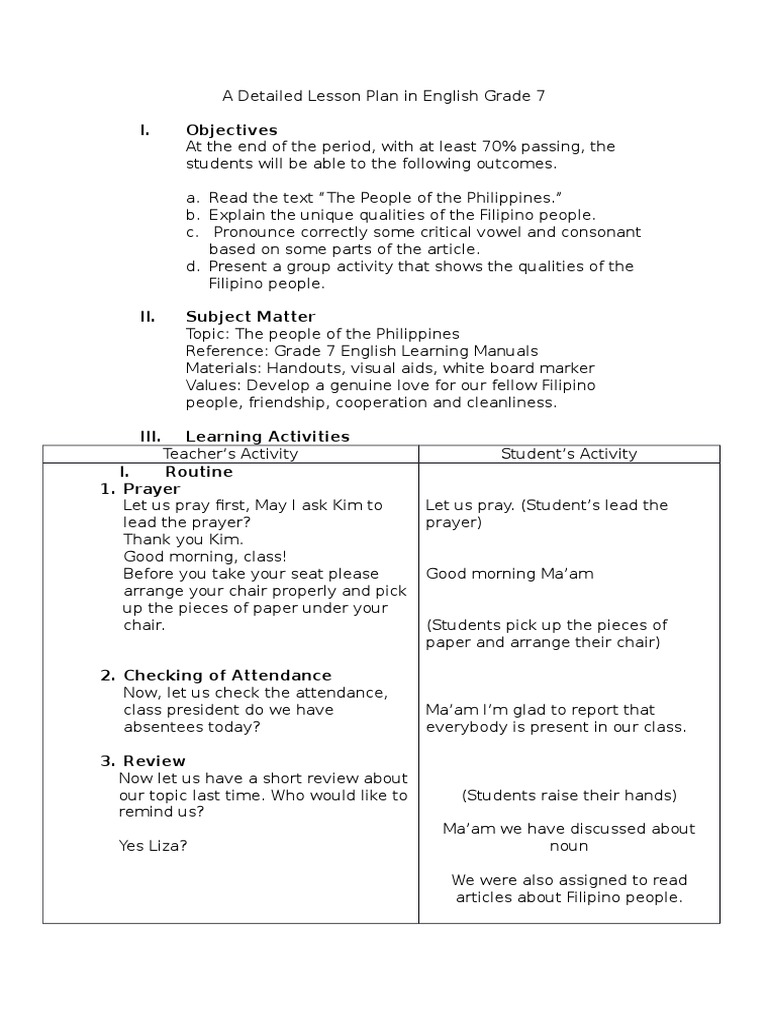 A Detailed Lesson Plan In English Grade 7 Philippines Lesson Plan