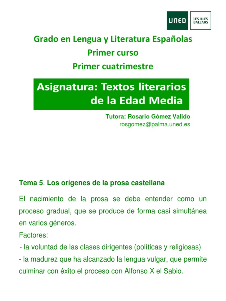 Tema 5 Los Orígenes De La Prosa Castellana 15 16 Pdf Lengua