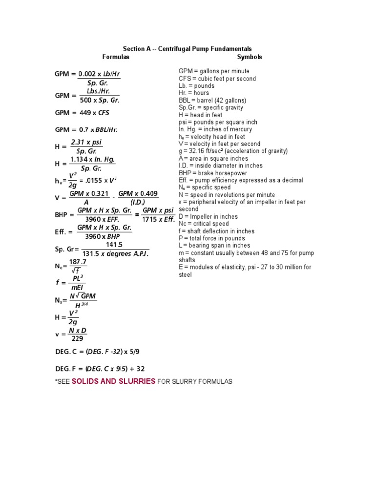 Centrifugal Pump Calculation Formulas | PDF