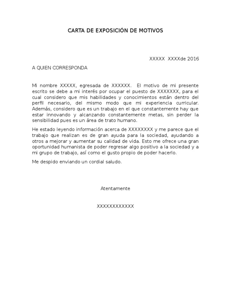 Carta de Exposición de Motivos Ejemplo