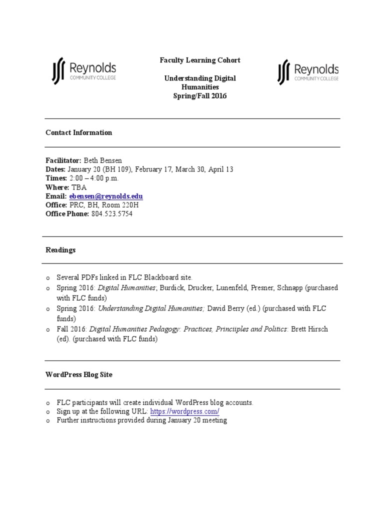 2016 Digital Humanities Syllabus PDF Humanities Curriculum