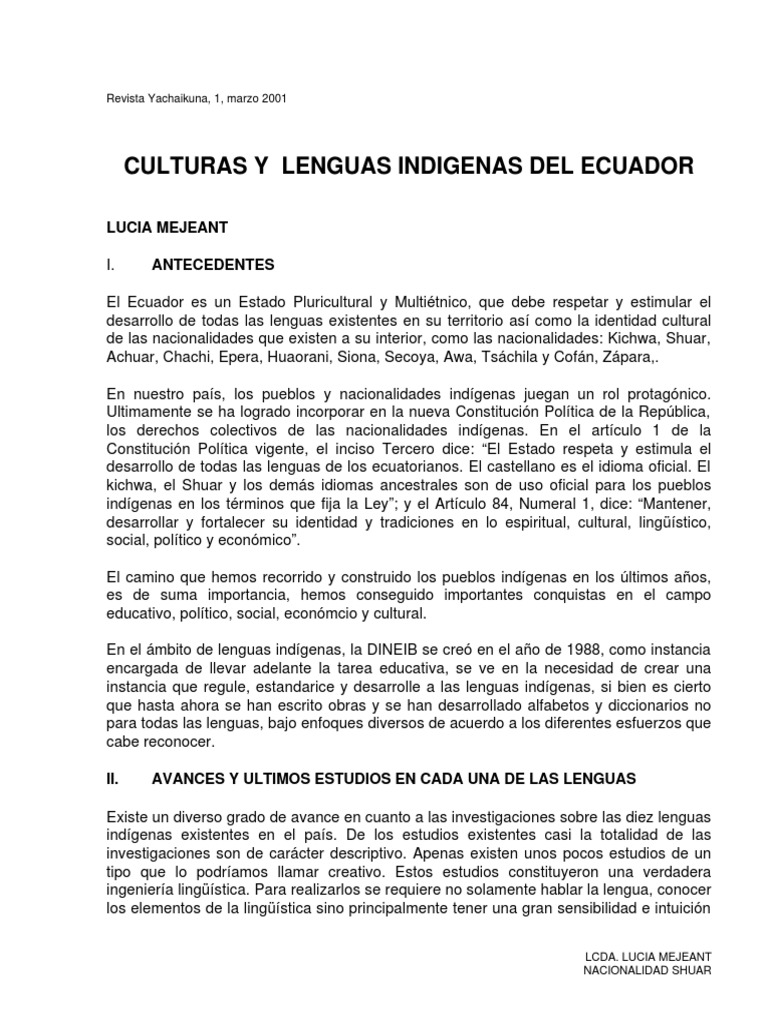 Culturas y Lenguas Indigenas Del Ecuador | PDF | Alfabeto | Dialecto